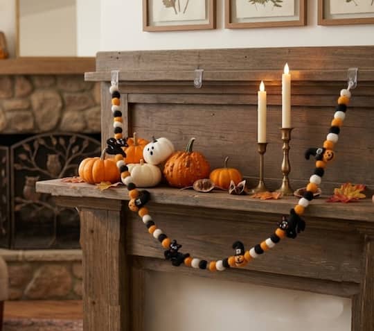 6ft. Wool Jack-O'-Lantern, Cat & Pom Pom Garland by Ashland®